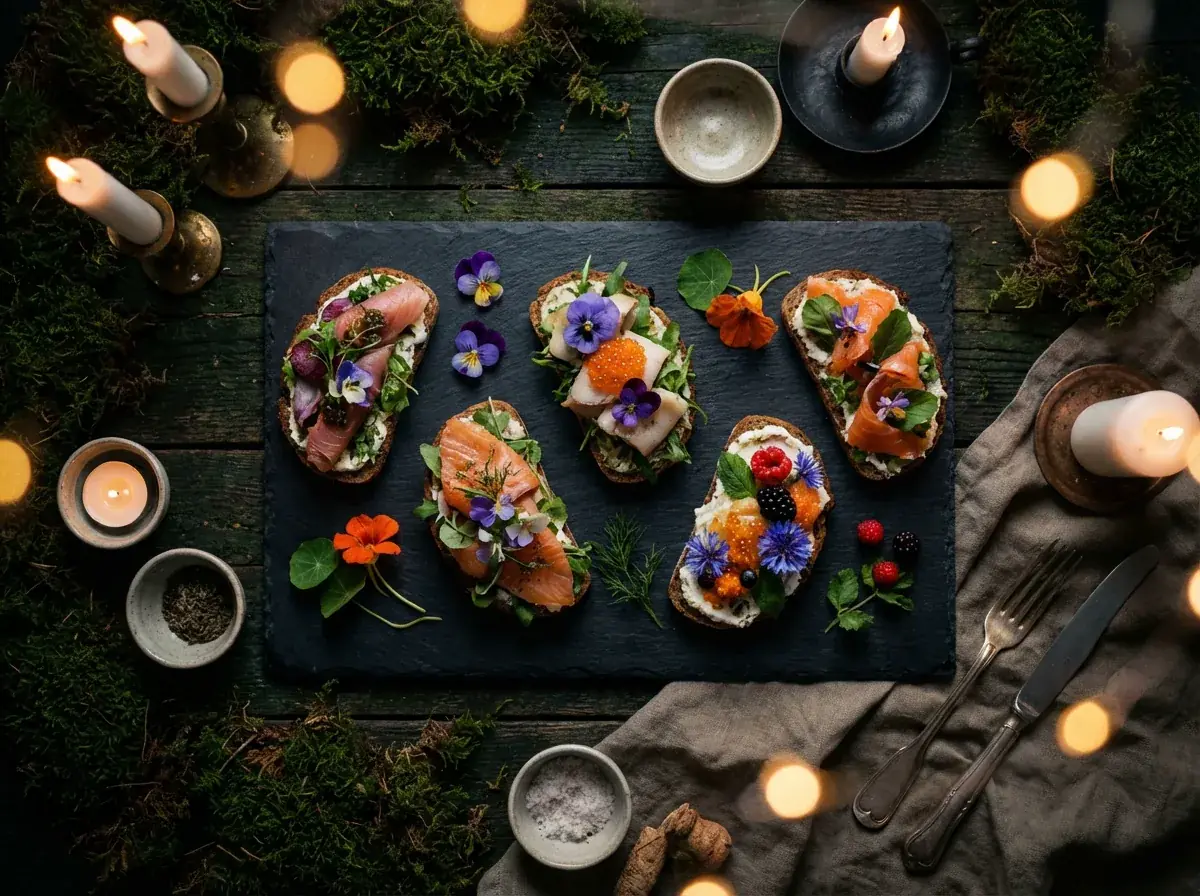 Smørrebrød med laks, urter og spiselige blomster på en skiferplade mellem levende lys.